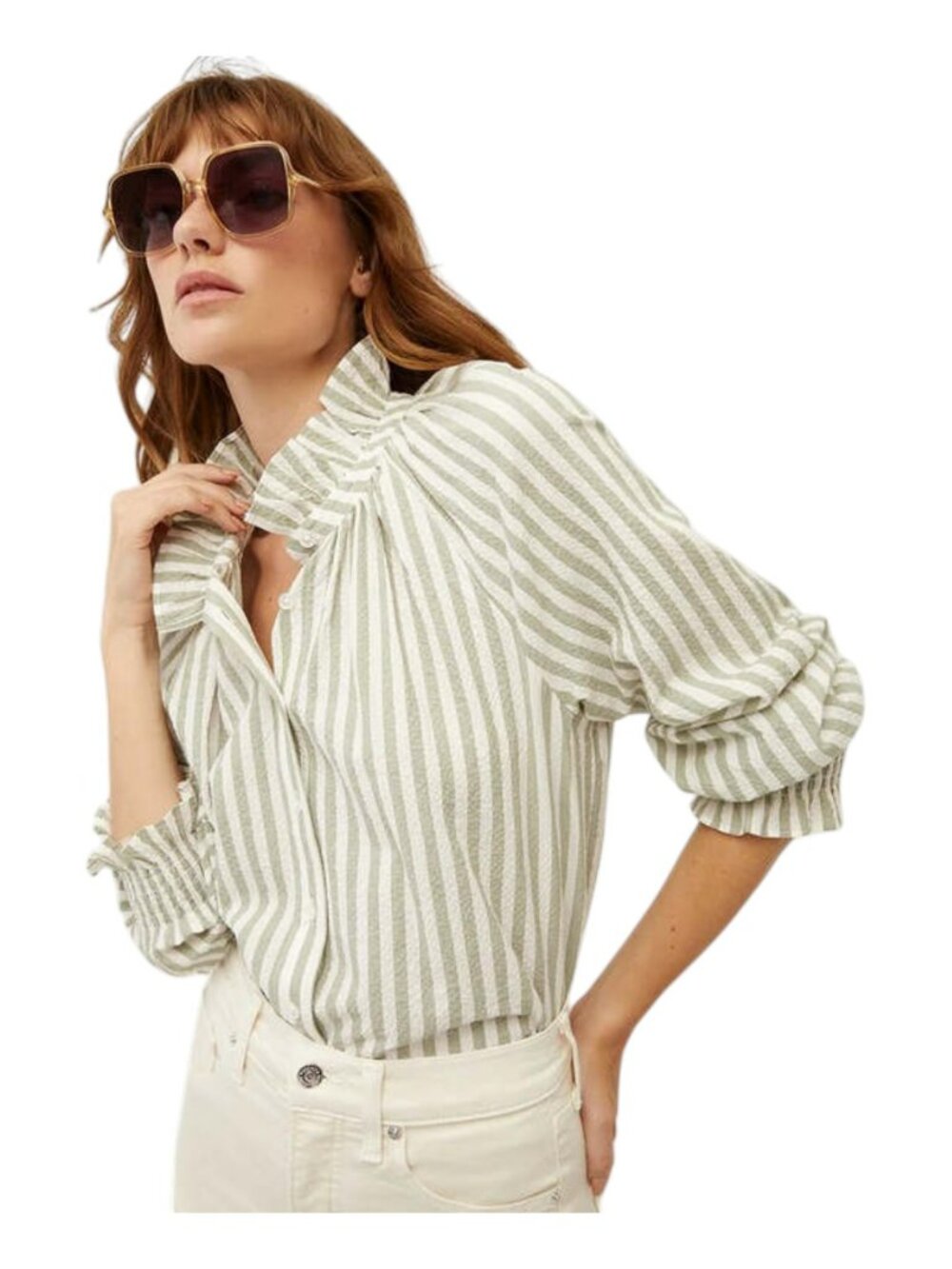 Veronica Beard Calisto ruffled striped seersucker shirt, NWT, Size 2